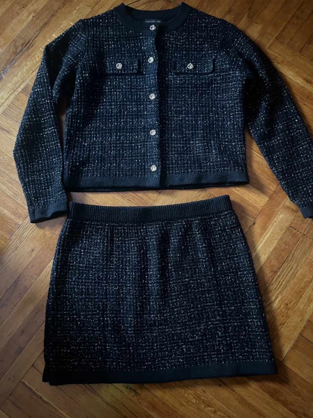 Rachel Zoe Black Tweed Knit Jacket & Skirt Set with Jewel Buttons